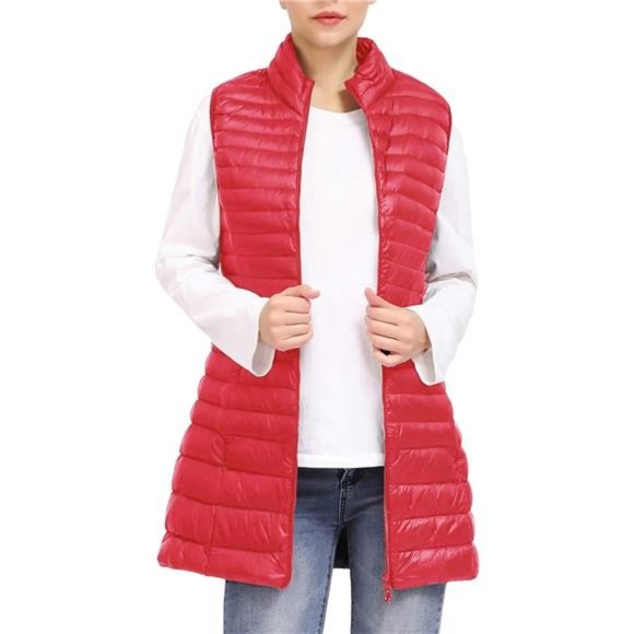 Long Puffer Vest Women Winter Ultra Light Long Down Vest with Stand Collar Black